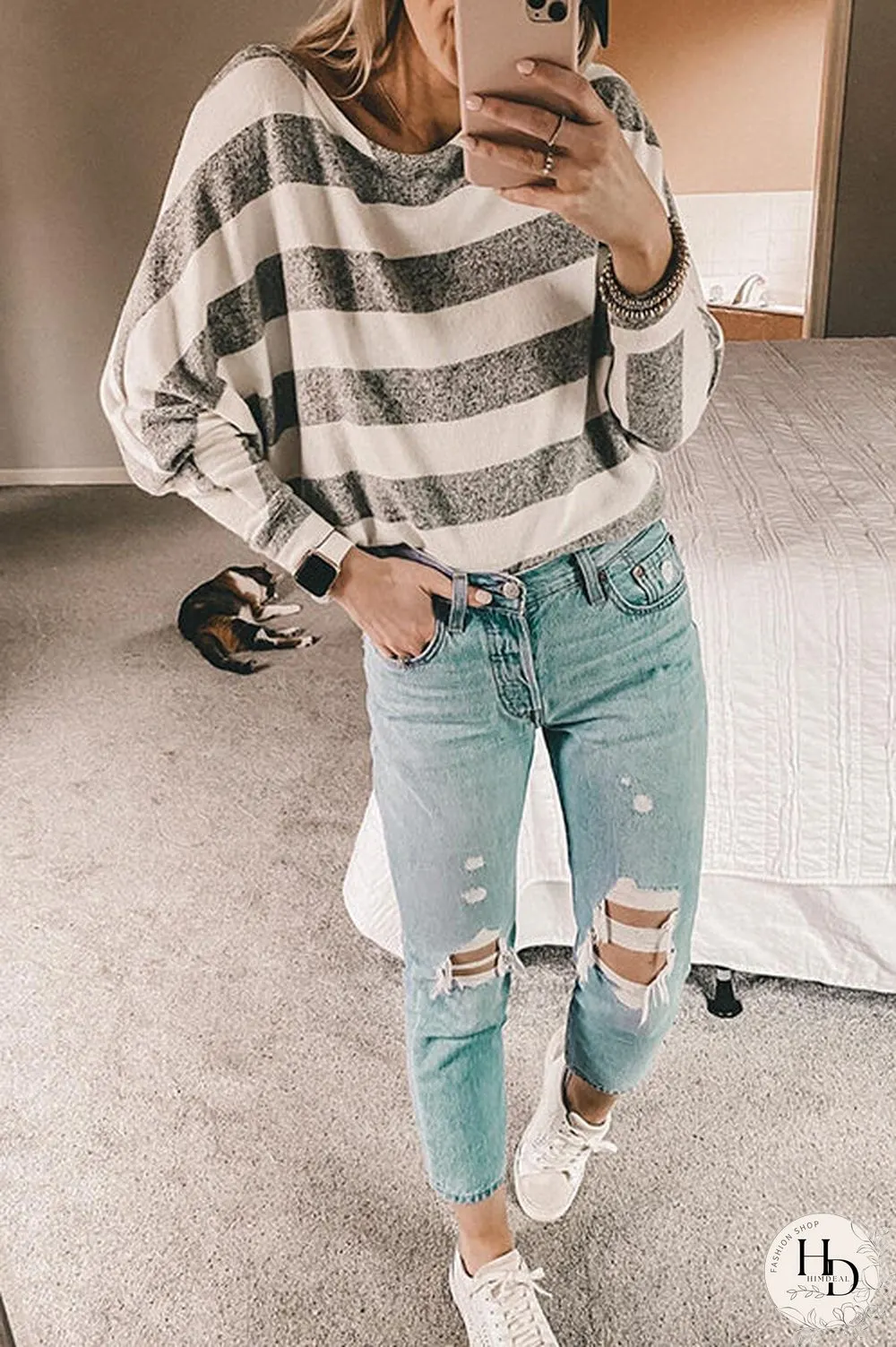 Stripe O Neck Bat Blouse