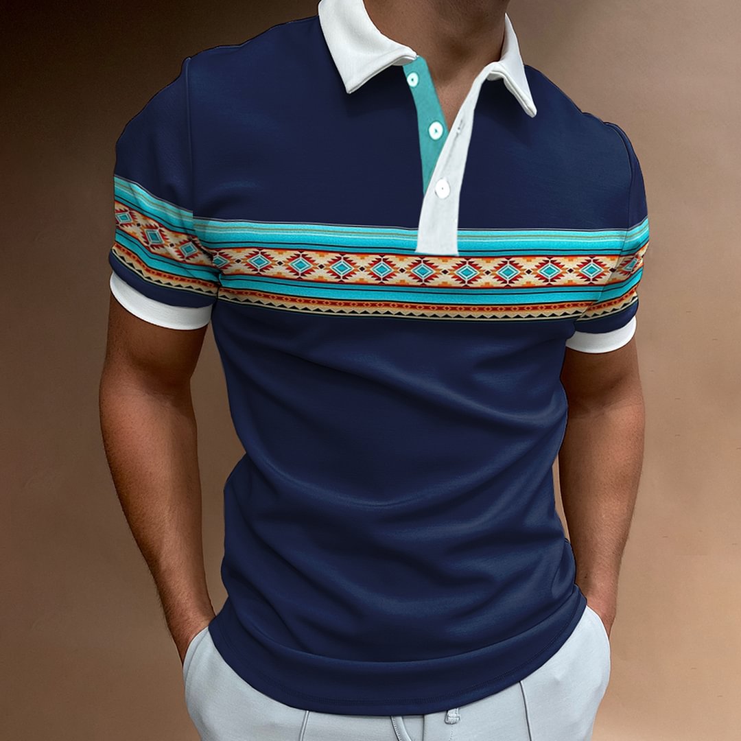 Men's Casual Western Ethnic Pattern Print Color Matching Short Sleeve Polo Shirt、、URBENIE