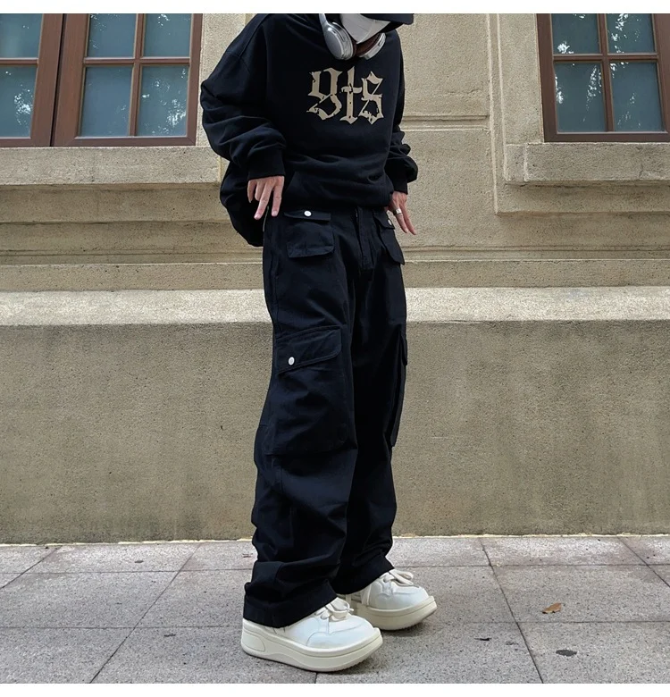 Vintage Pocket Cargo Pants High Street Loose Straight Leg Pants Hip Hop High Waist Trousers at Hiphopee