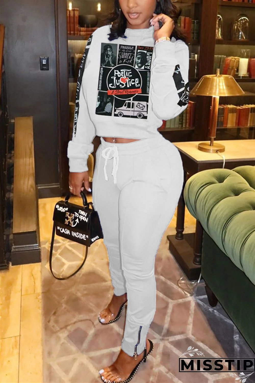 White Casual Patchwork Print Zippered Two Piece Suits pencil Long Sleeve Two Pieces