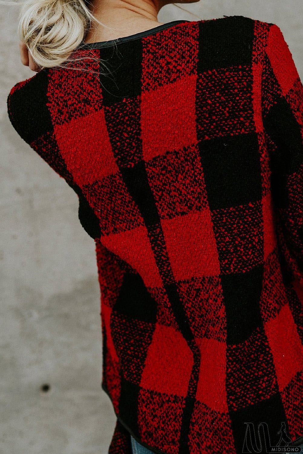 MidiSono - Plaid Long Sleeve Asymmetric Collar Open Front Coat