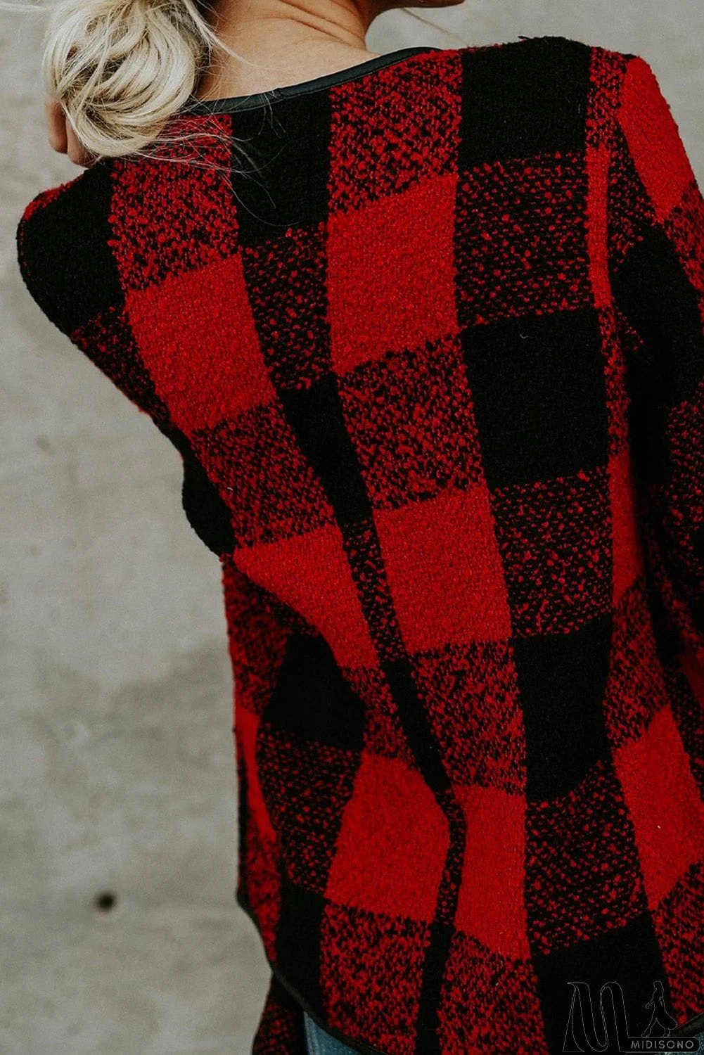 MidiSono - Plaid Long Sleeve Asymmetric Collar Open Front Coat