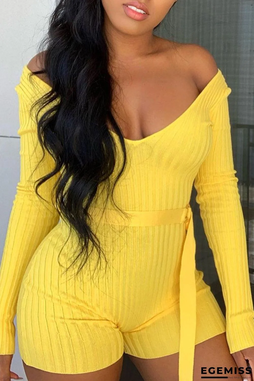Yellow Fashion Casual Solid With Belt Off the Shoulder Skinny Romper | EGEMISS