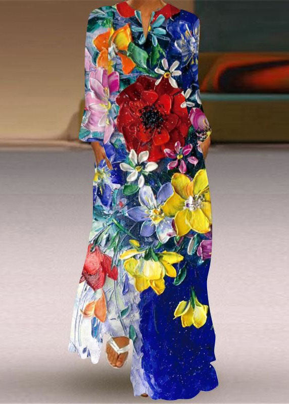 VCSHOES Blue V Neck Print Chiffon Ankle Dress Spring