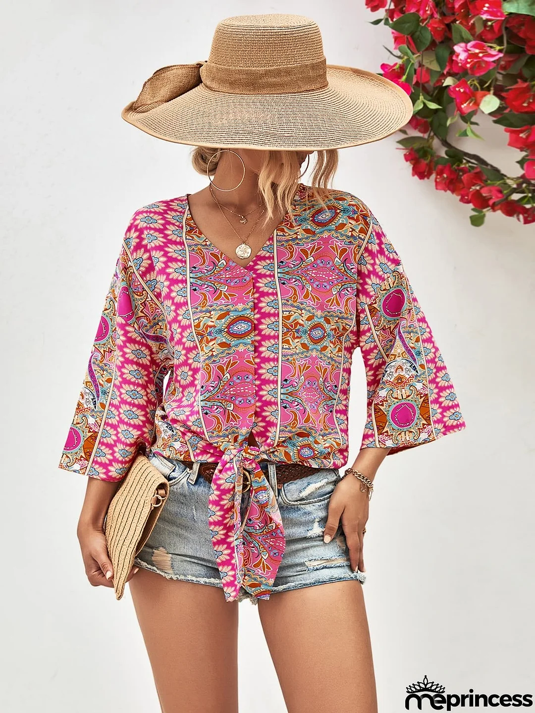 Tie Hem V-Neck Three-Quarter Sleeve Blouse