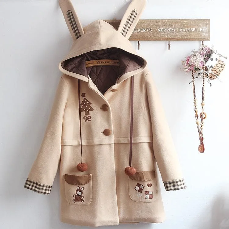 Chocolate Bunny Ears Woolen Hoodie Coat SP14420