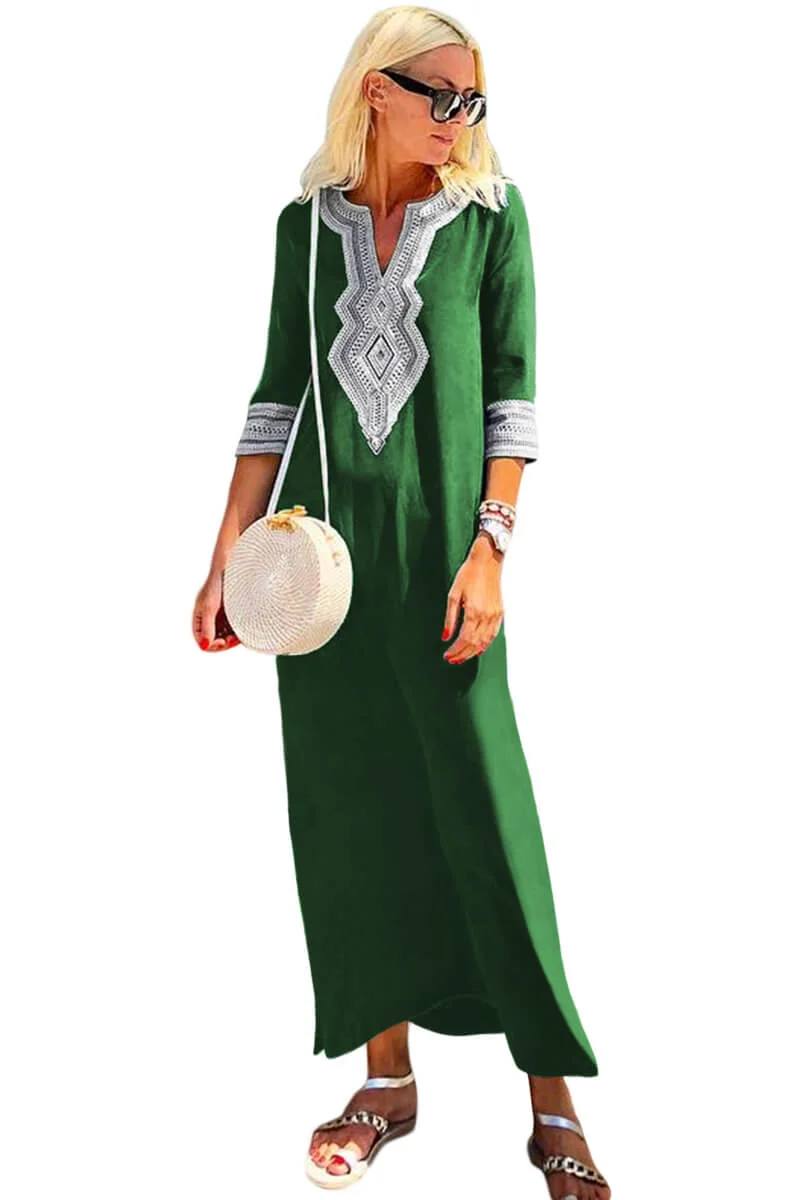 Women Green Casual Crochet Embroidered Slit Summer Dress