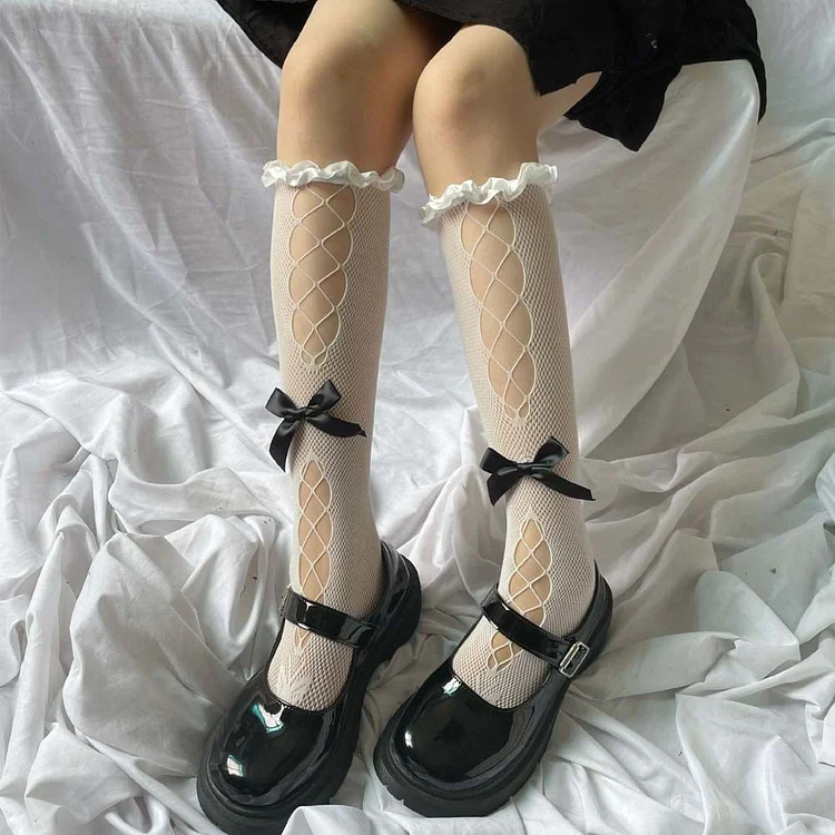 Black/White Japanese Gothic Egirl Harajuku Hollow Out Lolita Bow Socks SP16710