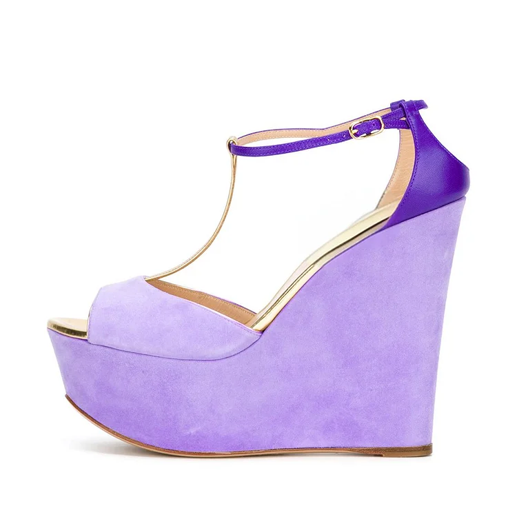 Purple T-Strap Peep Toe Wedge Sandals Vdcoo