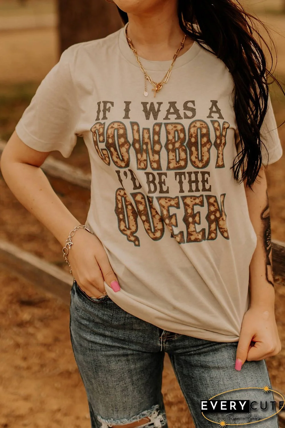 Khaki IF I WAS A COWBOY I\'D BE THE QUEEN Graphic Tee