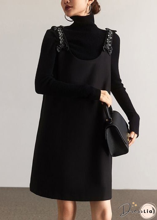 Italian Black O-Neck Zircon Patchwork Cotton Mid Dress Sleeveless