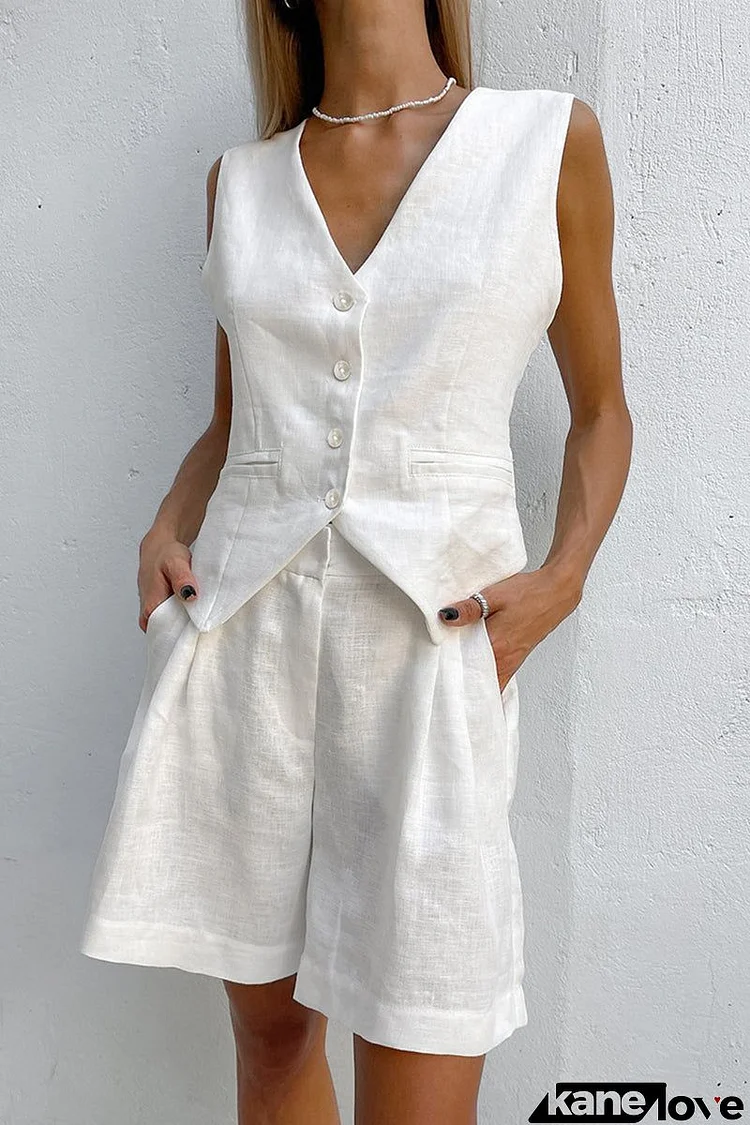 Casual Solid Pocket V Neck Sleeveless Two Pieces