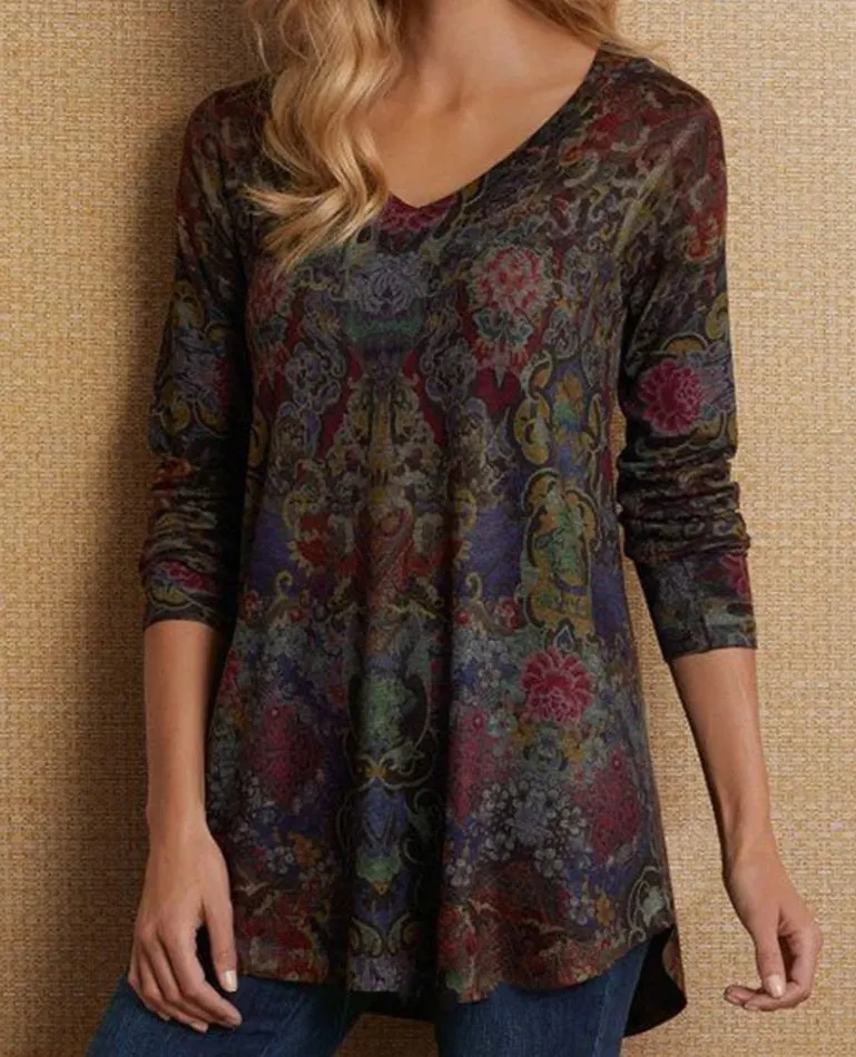 Brownm Stylish Women's Floral V-neck Loose T-shirt