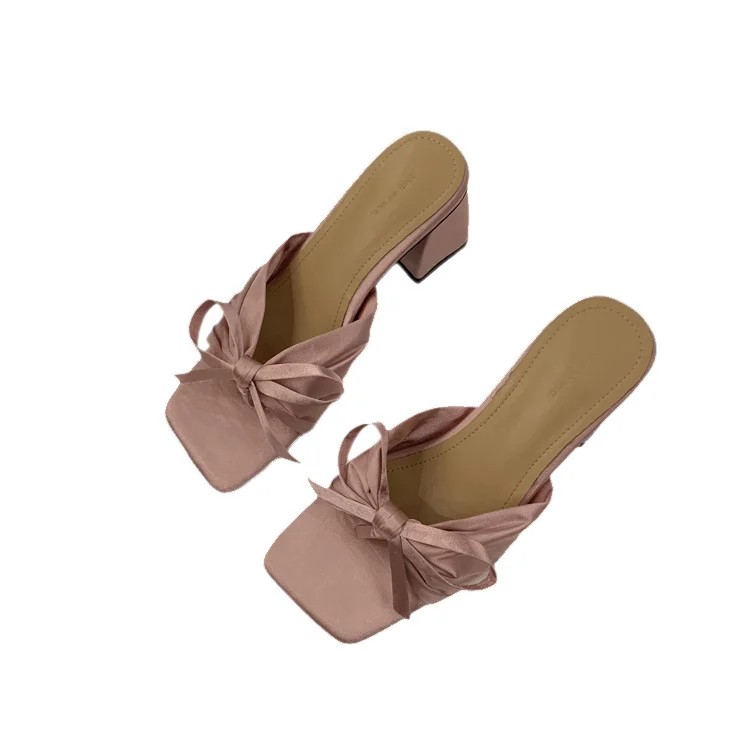 Breakj Breakj High-End Silk And Satin Bow Coarse And Cool Slippers Women Wear 2025 New Summer Dew High-Heeled Shoes
