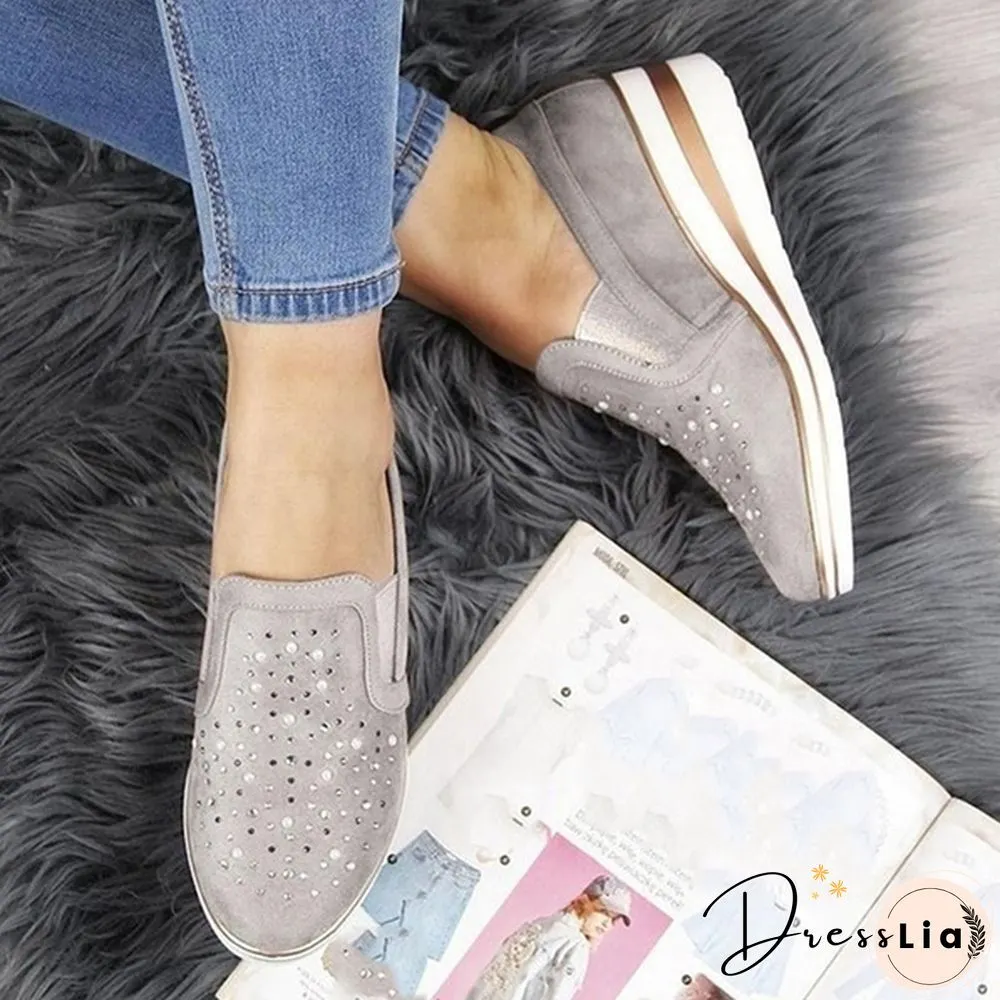 Women Casual Thick Sole Single Shoes Rhinestones Sandals Breathable Wedge Shoes