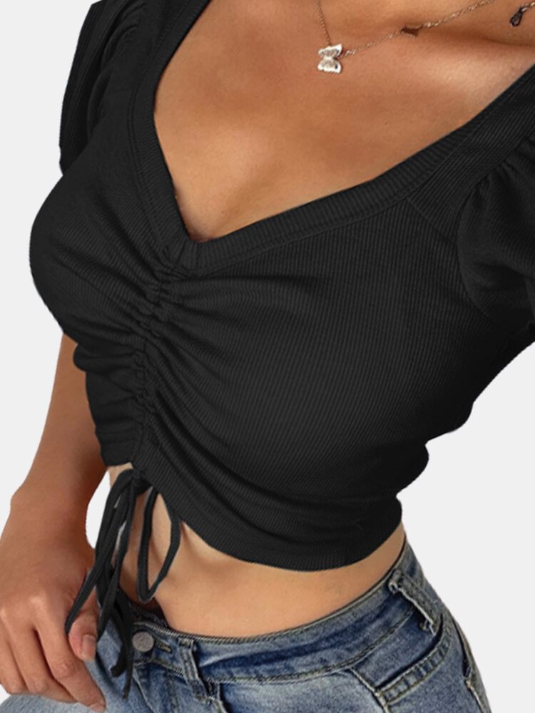 Solid Color Short Sleeve V neck Pleated Drawstring Crop Top For Women P1726753