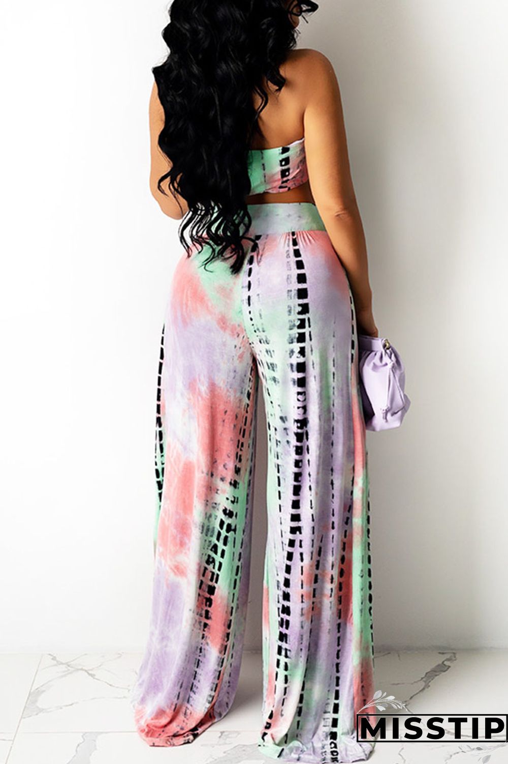 Pink Sexy Gradual Change Tie-dye Backless Halter Sleeveless Two Pieces
