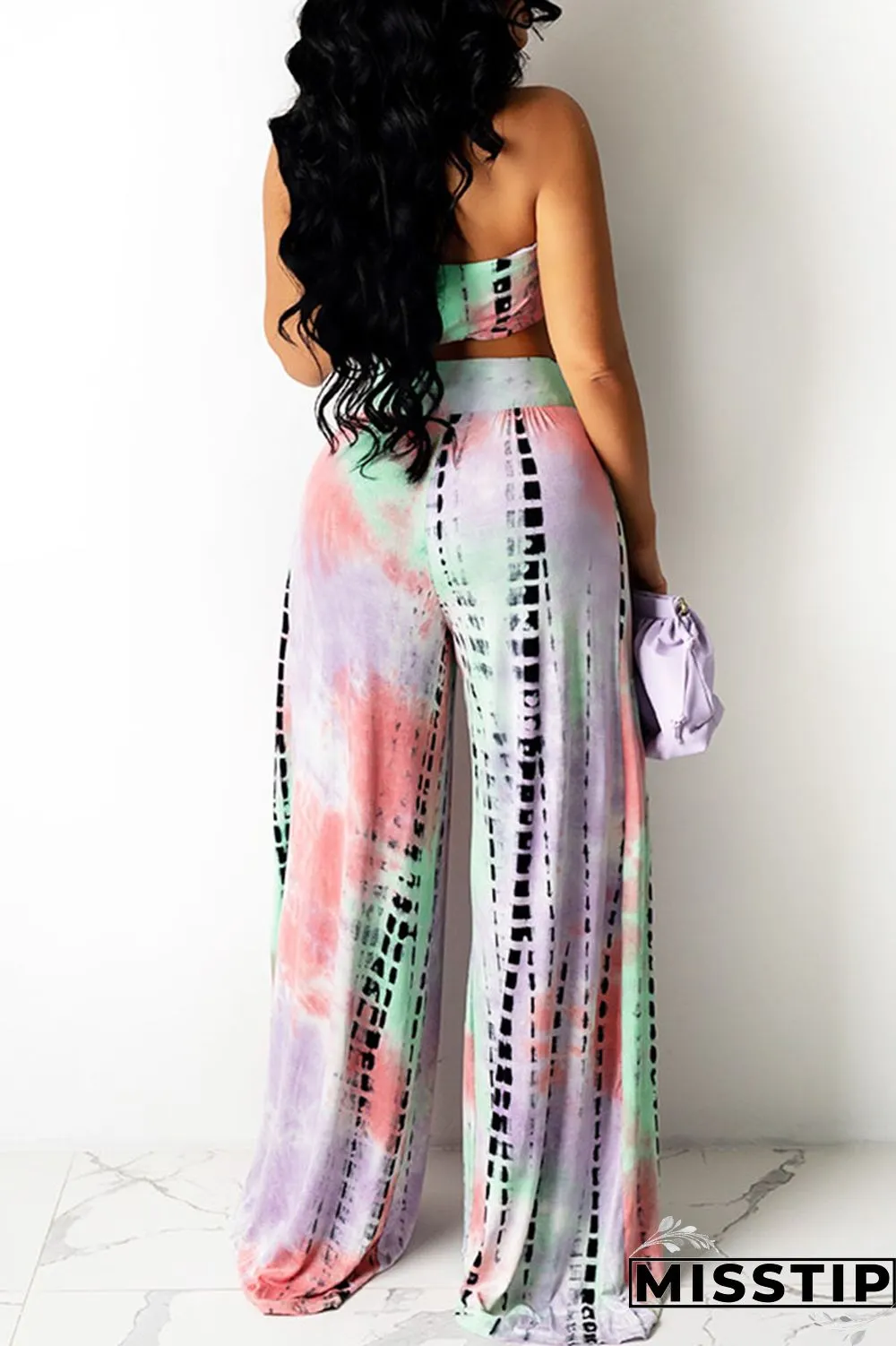 Pink Sexy Gradual Change Tie-dye Backless Halter Sleeveless Two Pieces