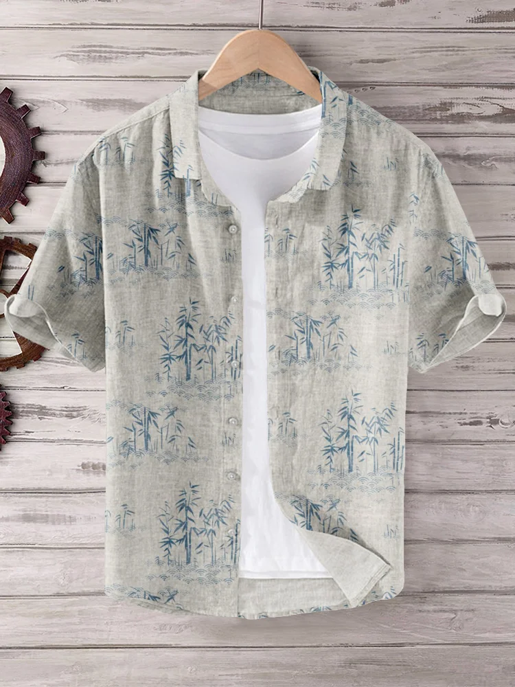 Comstylish Minimalist Bamboo Art Pattern Linen Blend Shirt