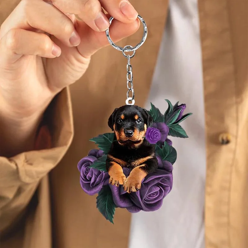 VigorDaily Rottweiler In Purple Rose Acrylic Keychain PR029