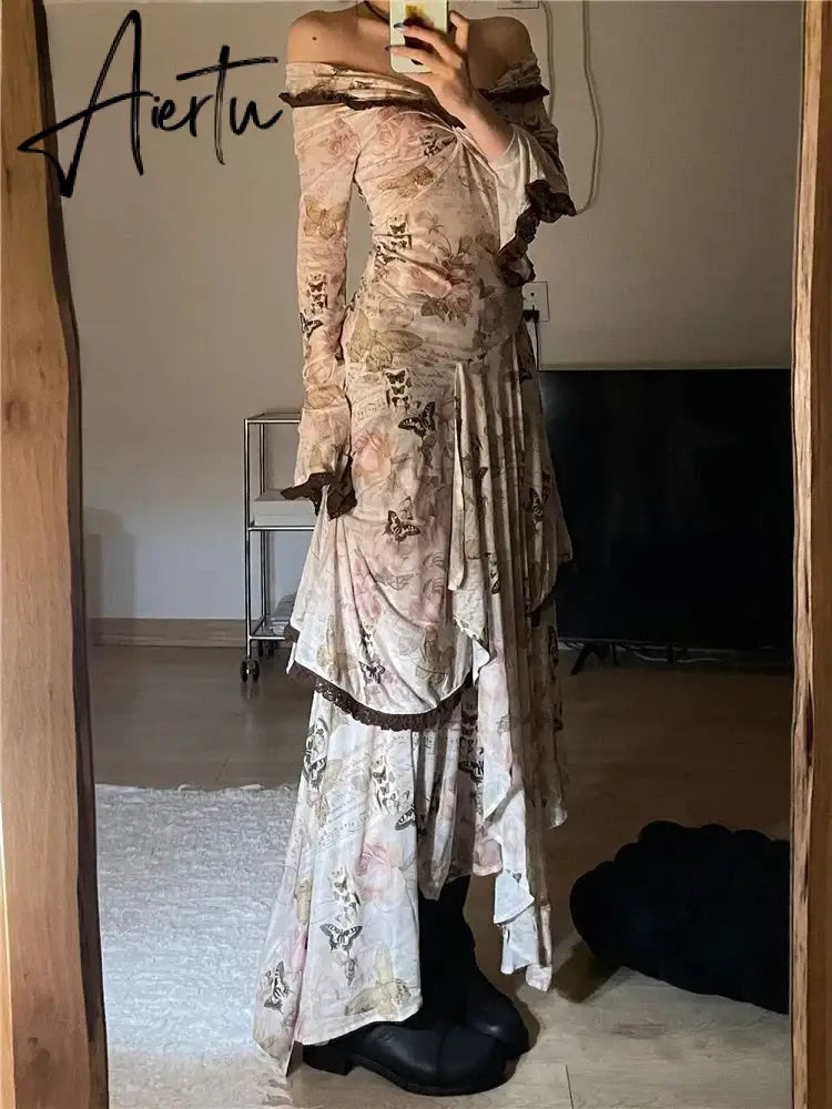 Aiertu 2024 New Women French Style Vintage One Line Neck Lace Edge Dress Korean Fashion Flare Sleeve Print Irregular Hem Dresses Chic Aiertu