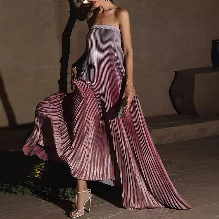 Ombre Strapless Pleated Evening Dress