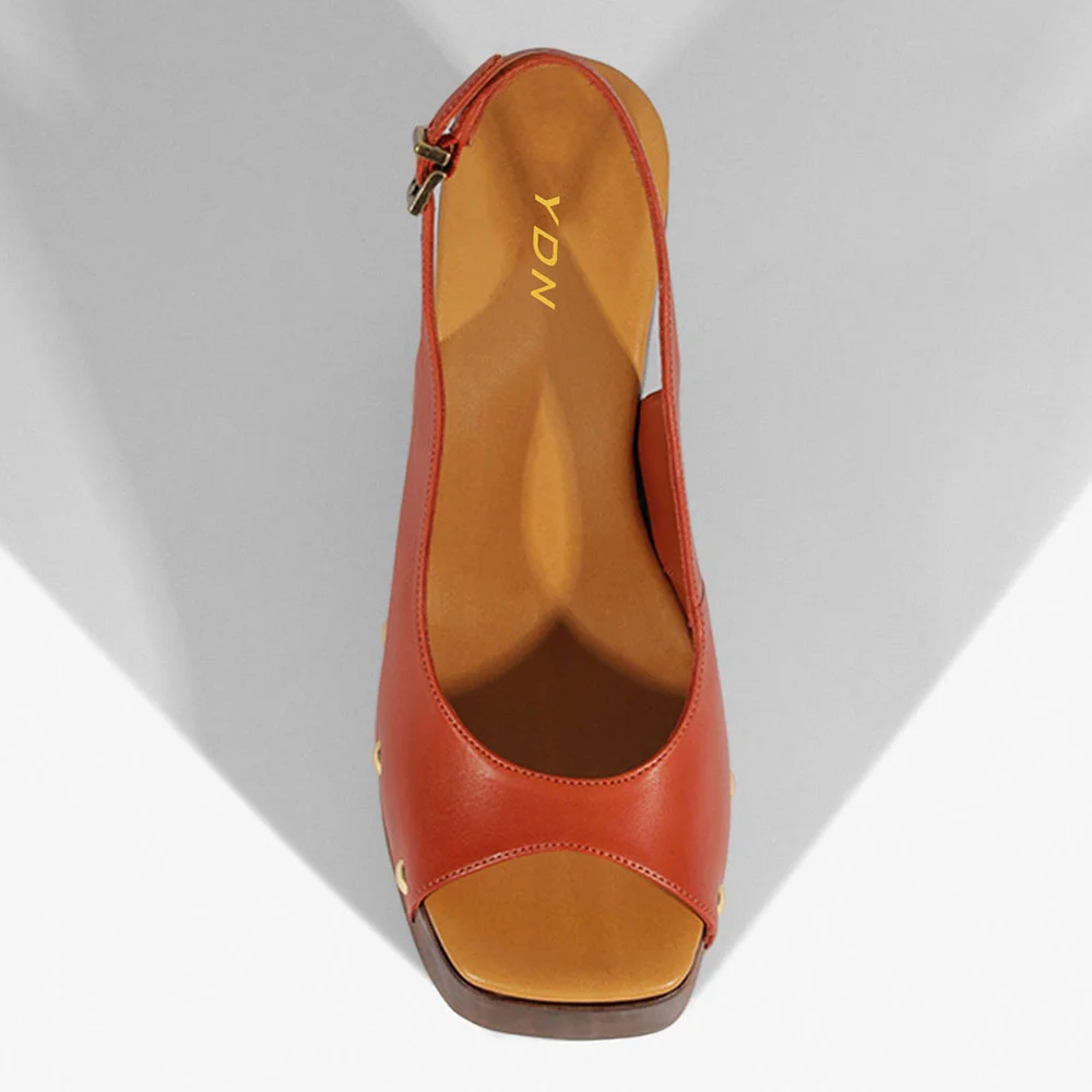 Orange Open-Toe Slingback Platform Block Heel Sandals with Studs
