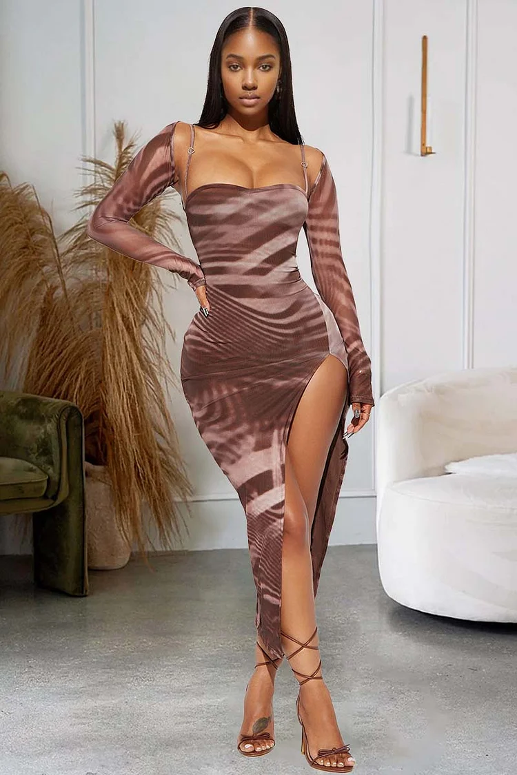 Mesh Pattern Print Crop Cardigan High Slit Slip Midi Dresses Matching Set [Pre Order]