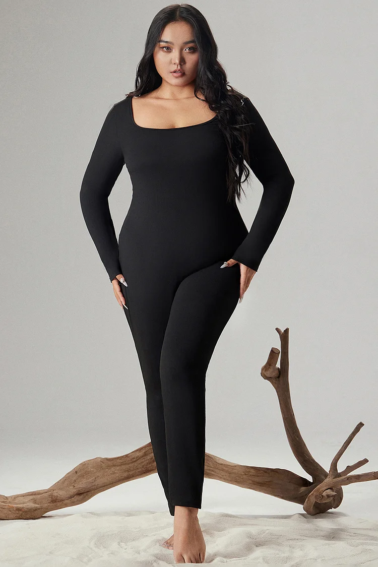 Xpluswear Design Plus Size Casual Jumpsuit Black Knitted Square Neck Long Sleeve Jumpsuit [Pre-Order]