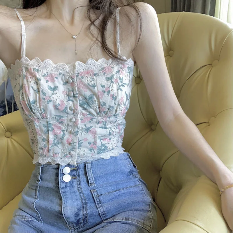 Jangj Floral Sexy Camisole 2022 Spring Summer Sweet Style Camisole High Street Casual Slim Clothing Korean Style Fashion Camisole