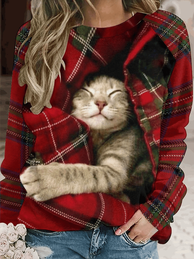 Red Plaid Cat Printed Women's Sweatshirt