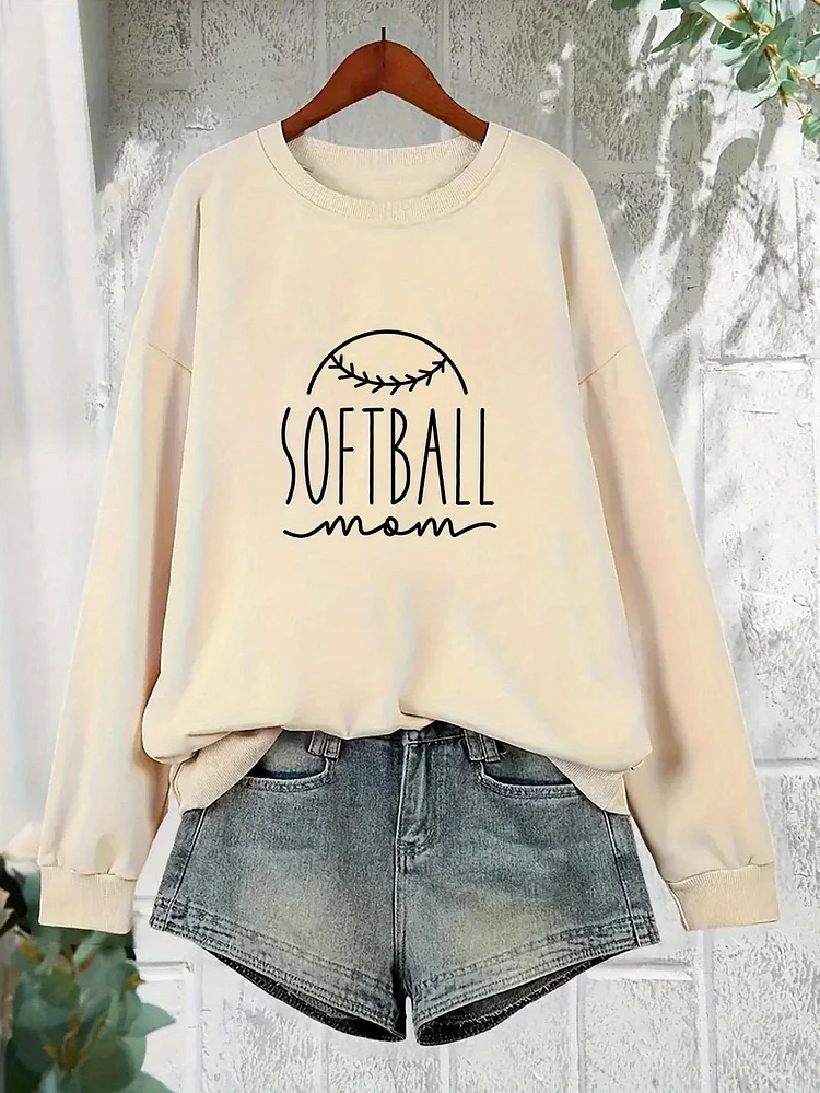 Women's "Softball" Print Pullover - Casual Long-Sleeve Top With "Softball Mom" Design, Round Neck, Stretchy Polyester, Allseason Sportswear, Adult Casual Wear | Casual Sportswear | Construction, Softball Mom Apparel