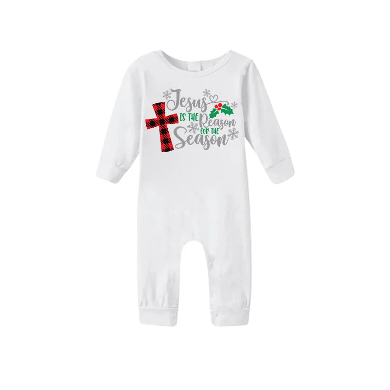 Christmas "Jesus is the Reason of the Season" Letter Print Patterned White Long Sleeve with White&Red&Green Plaid Pants Family Matching Pajamas