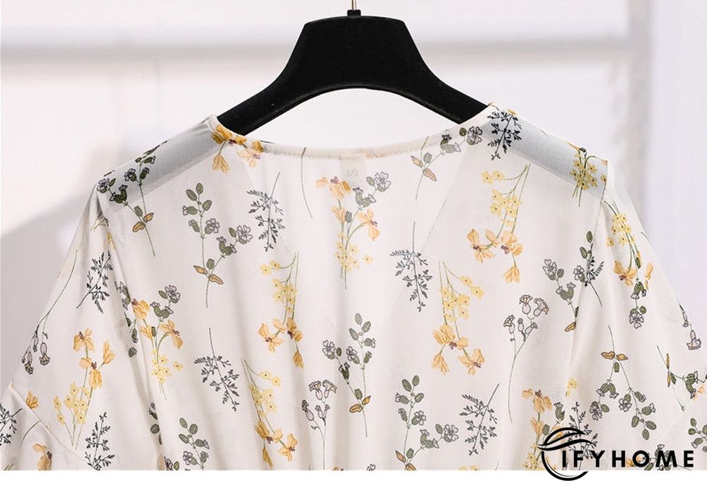 Spring Summer Chiffon Women V-Neck Floral Print Short Dresses Sweet Ruffle Sleeeve Slim Drawstring Ladies Dress | IFYHOME