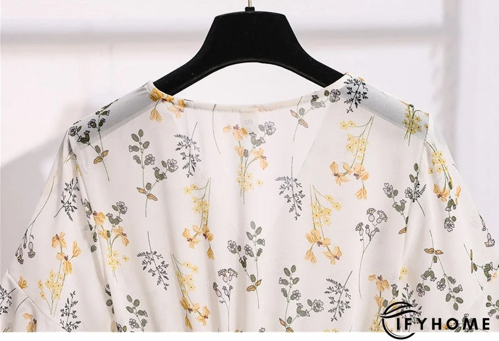Spring Summer Chiffon Women V-Neck Floral Print Short Dresses Sweet Ruffle Sleeeve Slim Drawstring Ladies Dress | IFYHOME