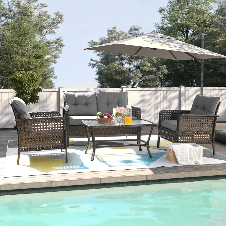 Patio Furniture Set Outdoor Furniture - 4 Pieces Wicker Patio Conversation Sets with Loveseat, Rattan Seating Outside Patio Set Coffee Table Chair for Lawn, Deck, Balcony, Backyard. (Grey)