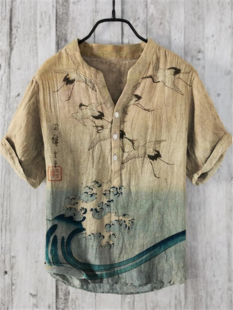 Comstylish Cranes Over Sea Waves Japanese Art Linen Blend Shirt