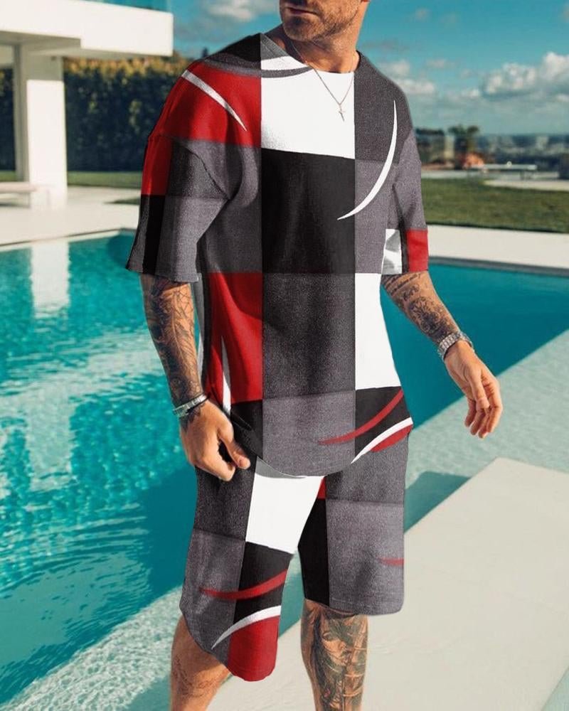 Men's Casual Abstract Color Block Printed Shorts Suit