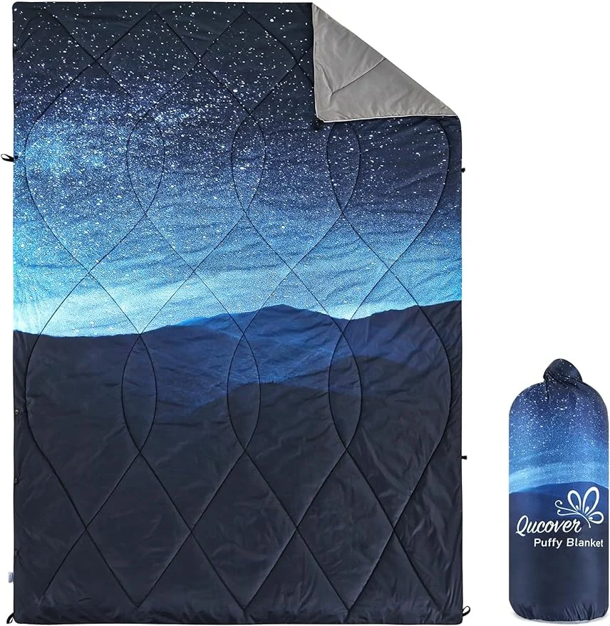 Qucover Camping Blanket - Starry Sky Pattern Waterproof Lightweight Nylon Camping Blanket for Cold Weather, Camp Quilt Packable Puffy Blanket for Hiking Traveling and Sleeping Bag, 55" x 79"