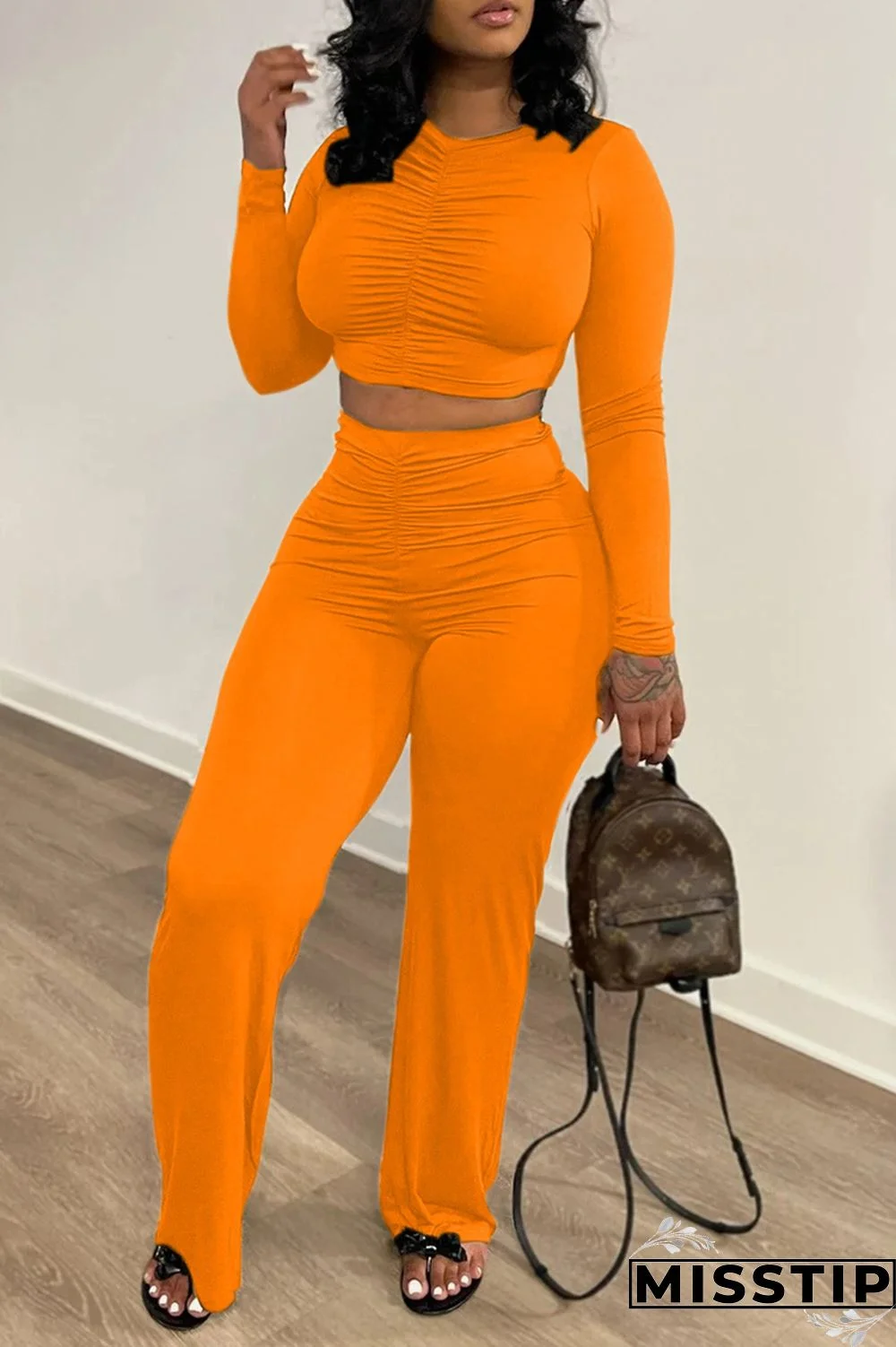 Orange Fashion Casual Solid Fold O Neck Long Sleeve Two Pieces