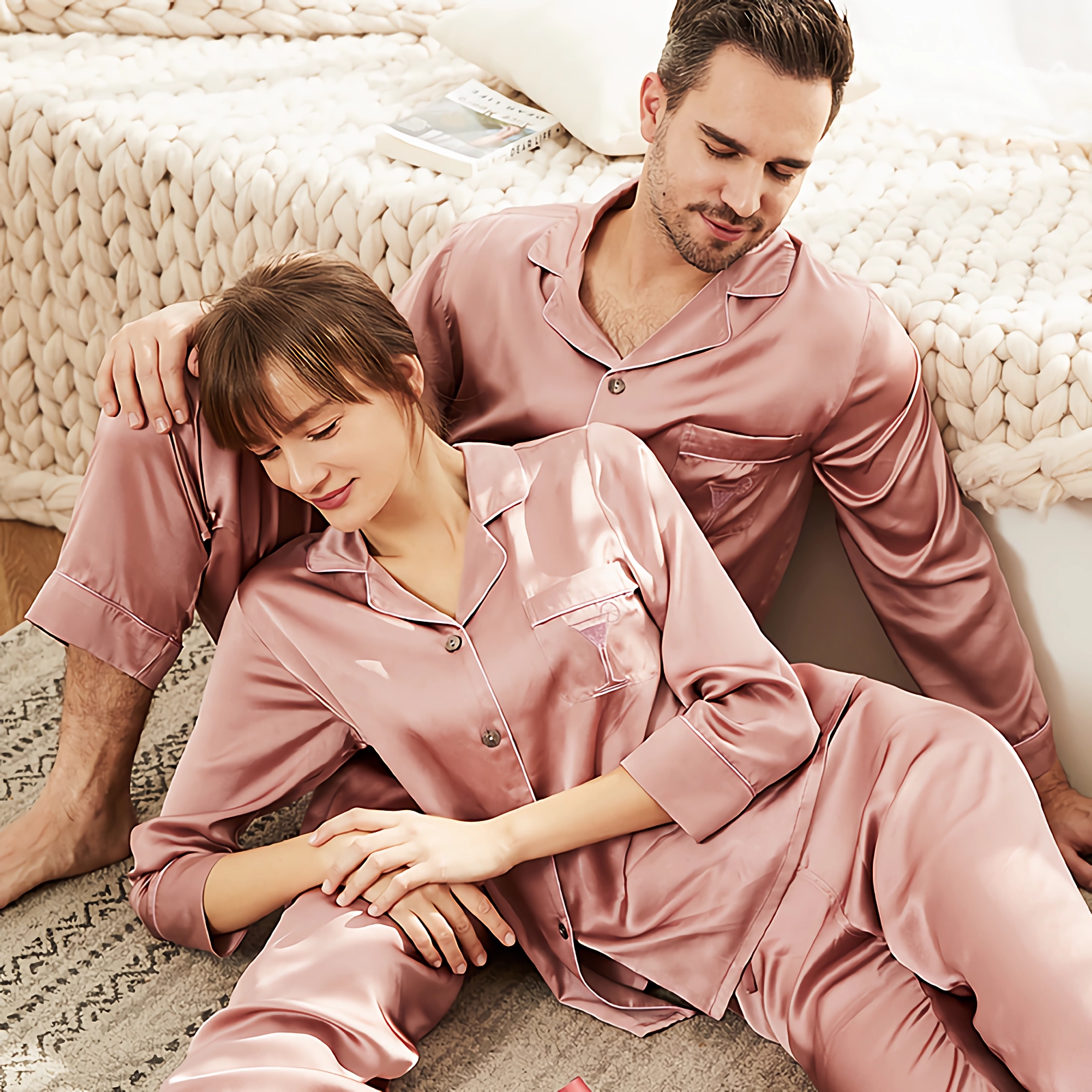 19 Momme Pink Long Sleeves Classic Couple's Silk Pajamas REAL SILK LIFE
