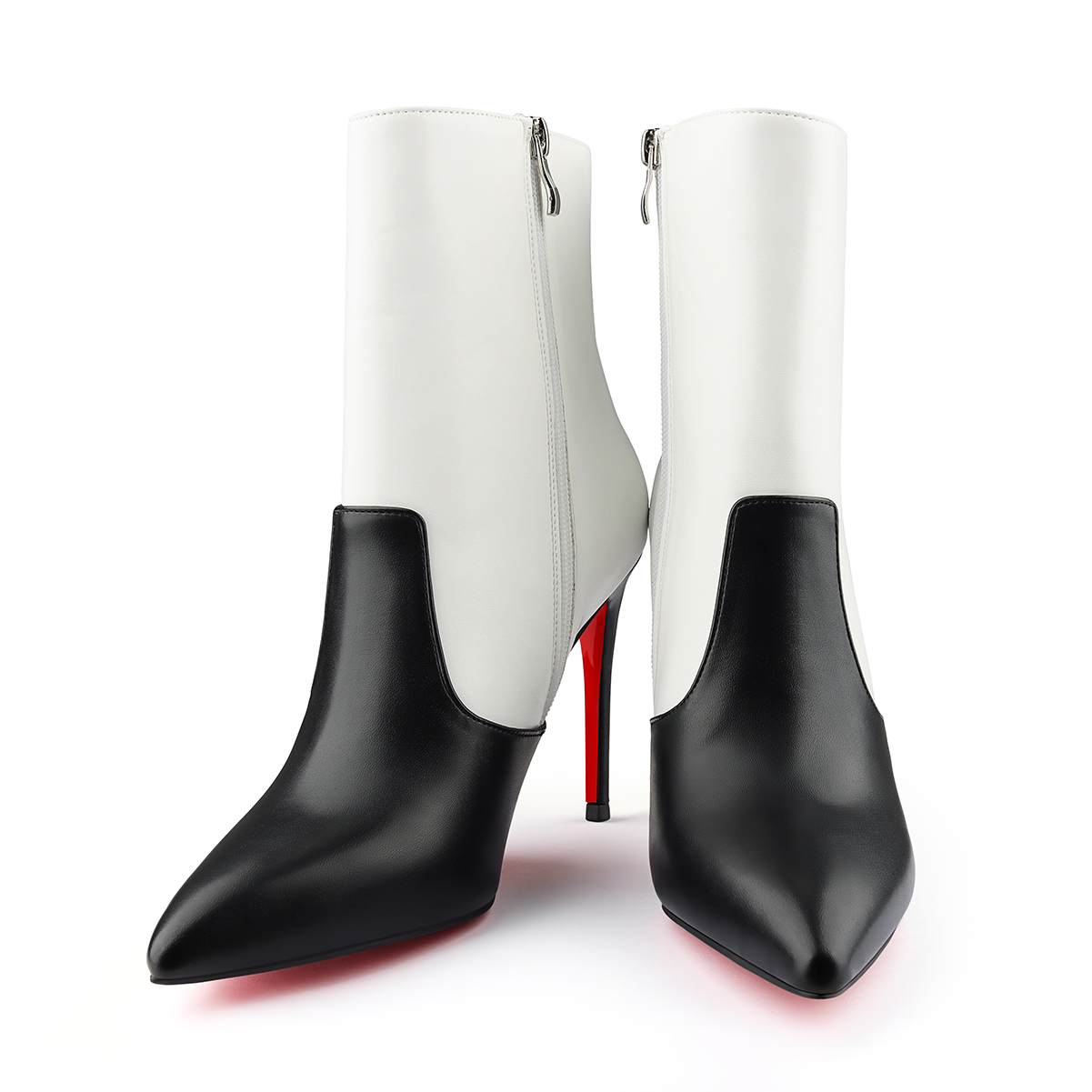 100mm Women's Black And White Patchwork Matte Boots Red Bottom Ankle Boots-MERUMOTE