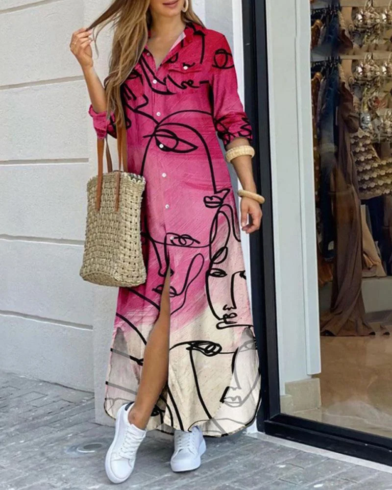 Line Art Print Long Dress