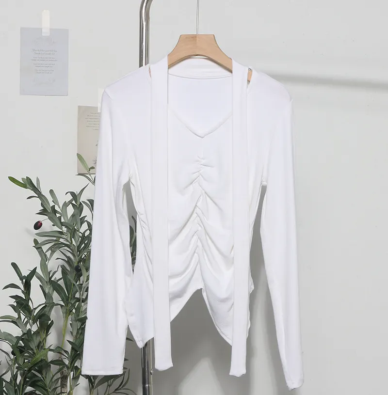 Uveng Real Shooting Explosion Long-Sleeved T-Shirt Girl Autumn Folded Waist-Bottomed Shirt V-Neck Ribbon Open Fork Short Top 9080