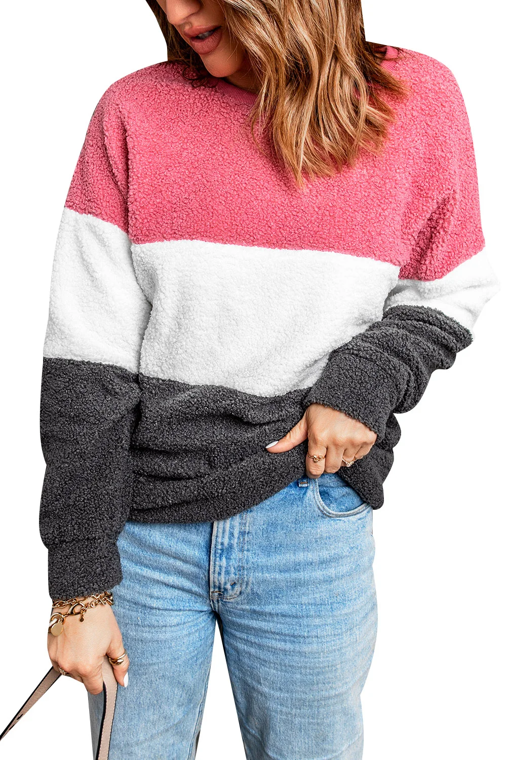 Pink Oversized Colorblock Plush Sweatshirt