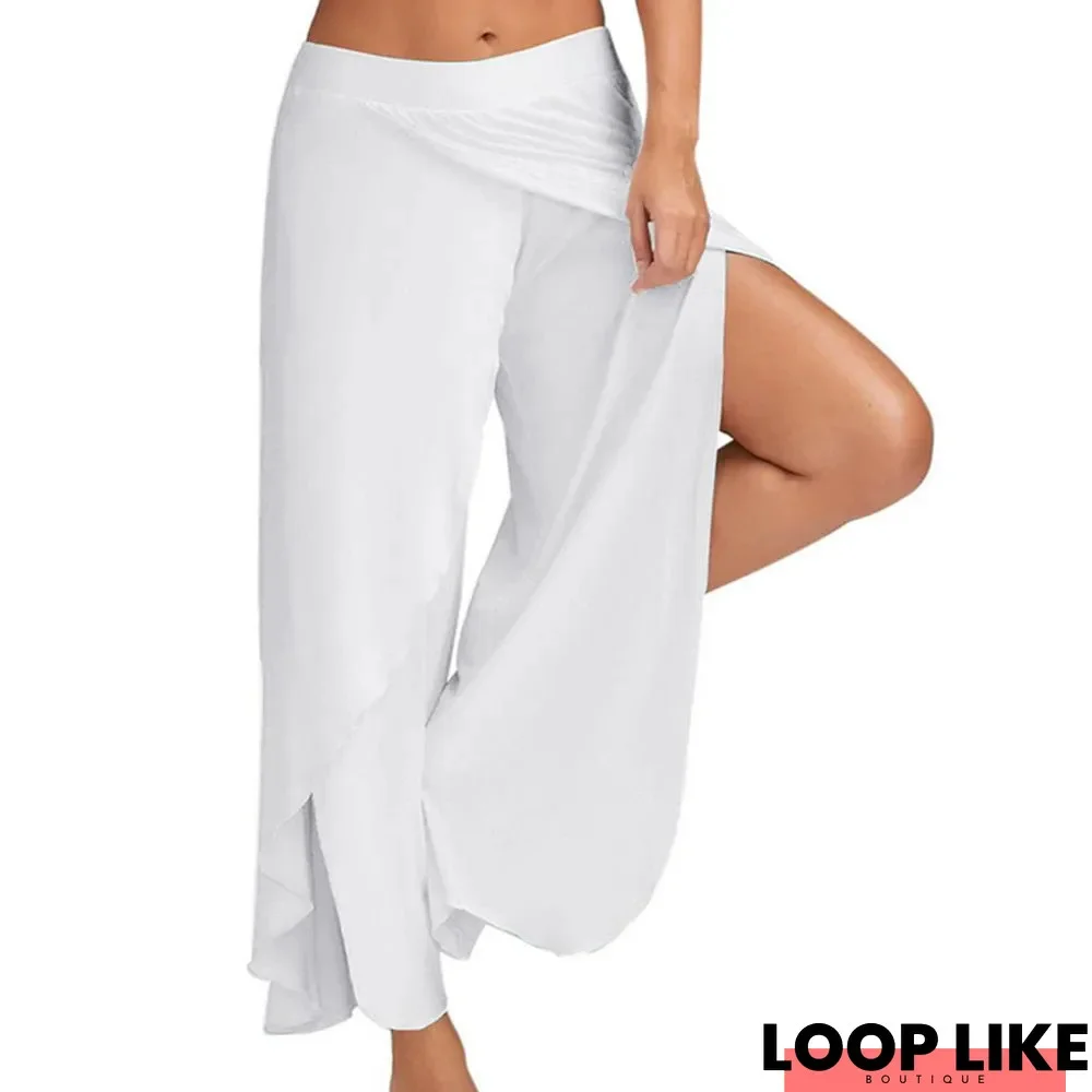 Chiffon Irregular Side Pants Women Causal Wide Leg Solid Elastic Loose Pants