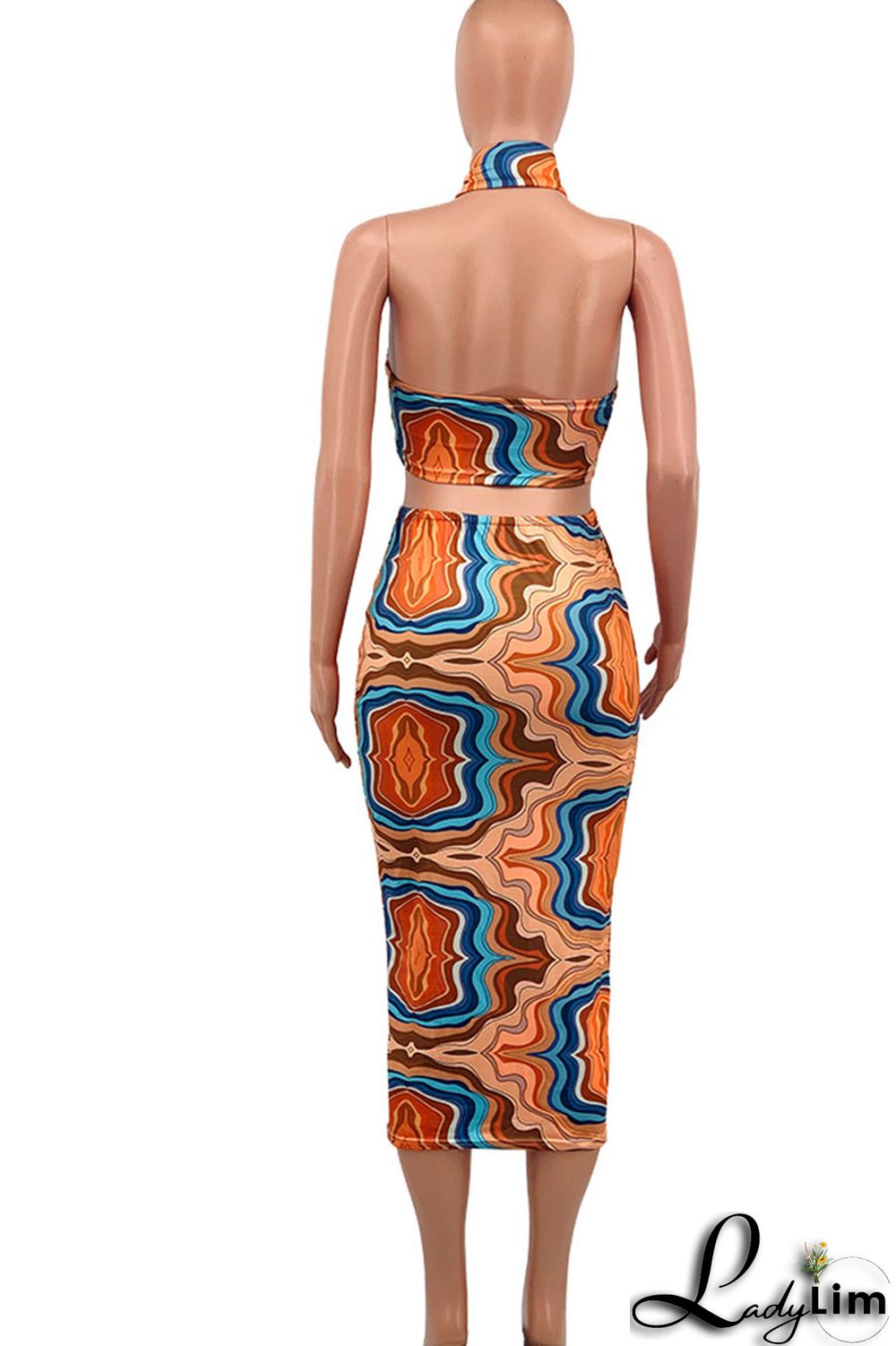 Royal Blue Sexy Print Patchwork Halter Plus Size Two Pieces