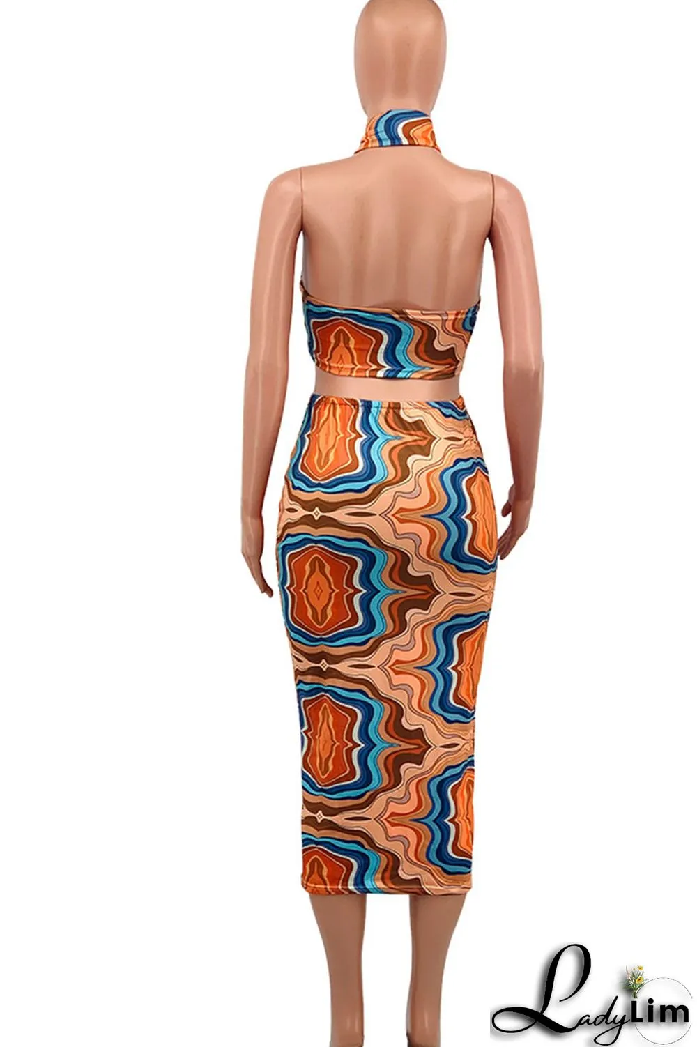 Royal Blue Sexy Print Patchwork Halter Plus Size Two Pieces