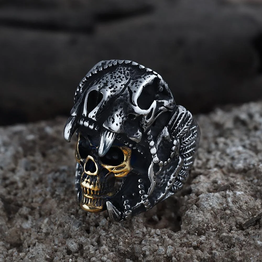 Aztec Jaguar Warrior Stainless Steel Skull Ring