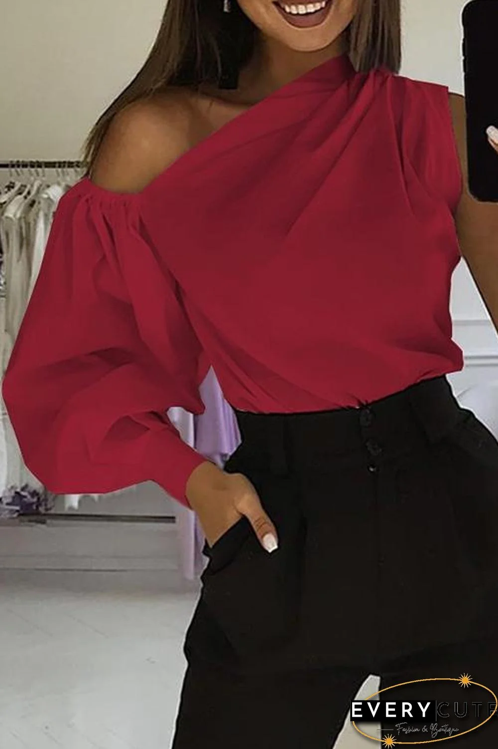One Shoulder Puff Sleeve Blouse